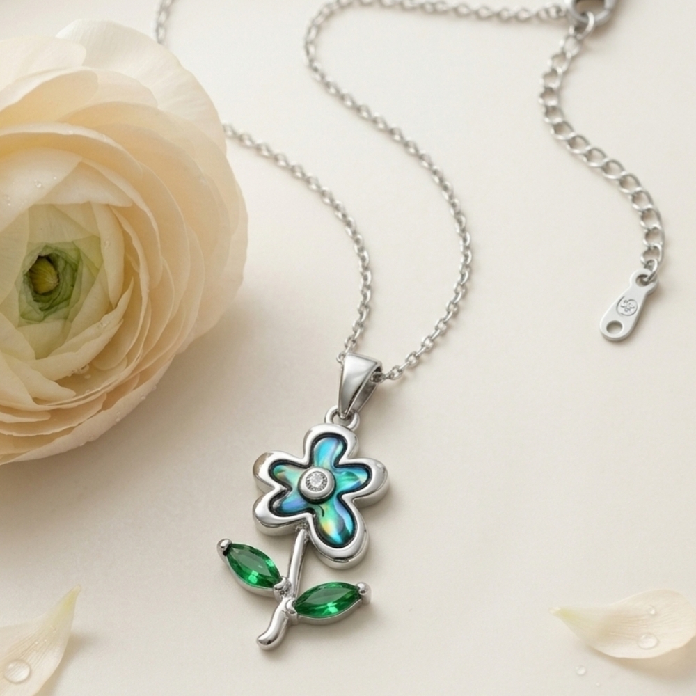 18K White Gold Plated Abalone Shell Floral Necklace Green Zirconia CZ Adjustable - Picture 15 of 15